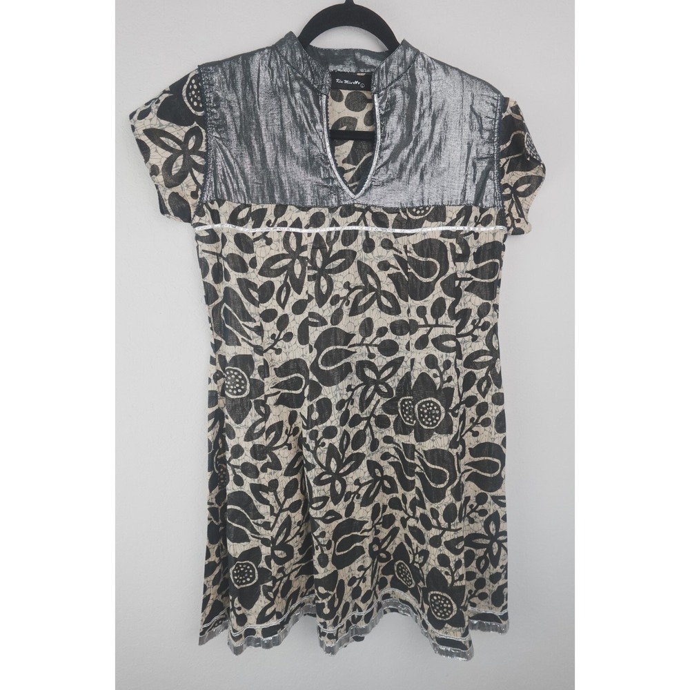 Kin Min Dress Womens L Silver Floral Short Sleeve Y2K Vintage‎ Mini Import